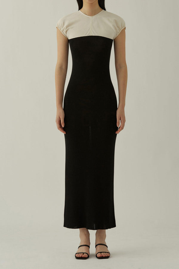 SWAYING/KNIT Puff Sleeve Contrast Color Silk Dress SW23SS2L21 Black/White